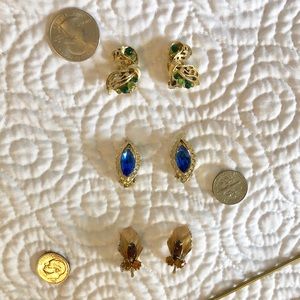 Set of 3 vintage golden clip on costume earrings